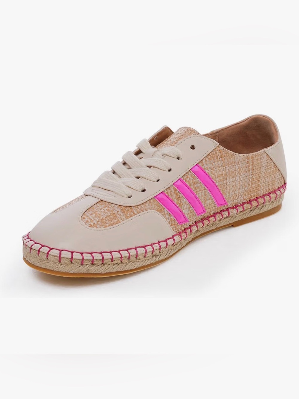 S49 Tvayi Ahami Beige Woven Espadrille Sneaker with Pink Stripe Accents NEW Size
